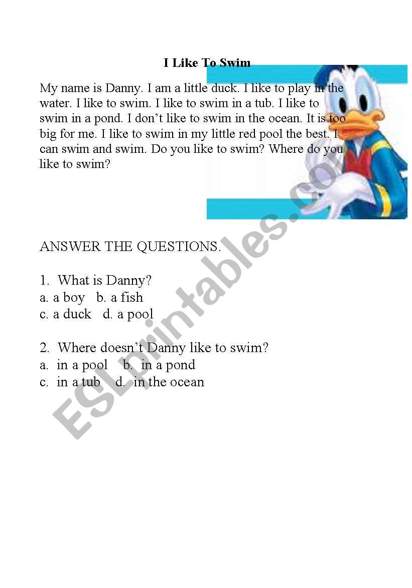 i like to swim  worksheet