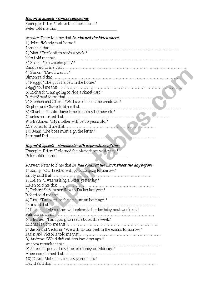 Exercises: Reported speech worksheet