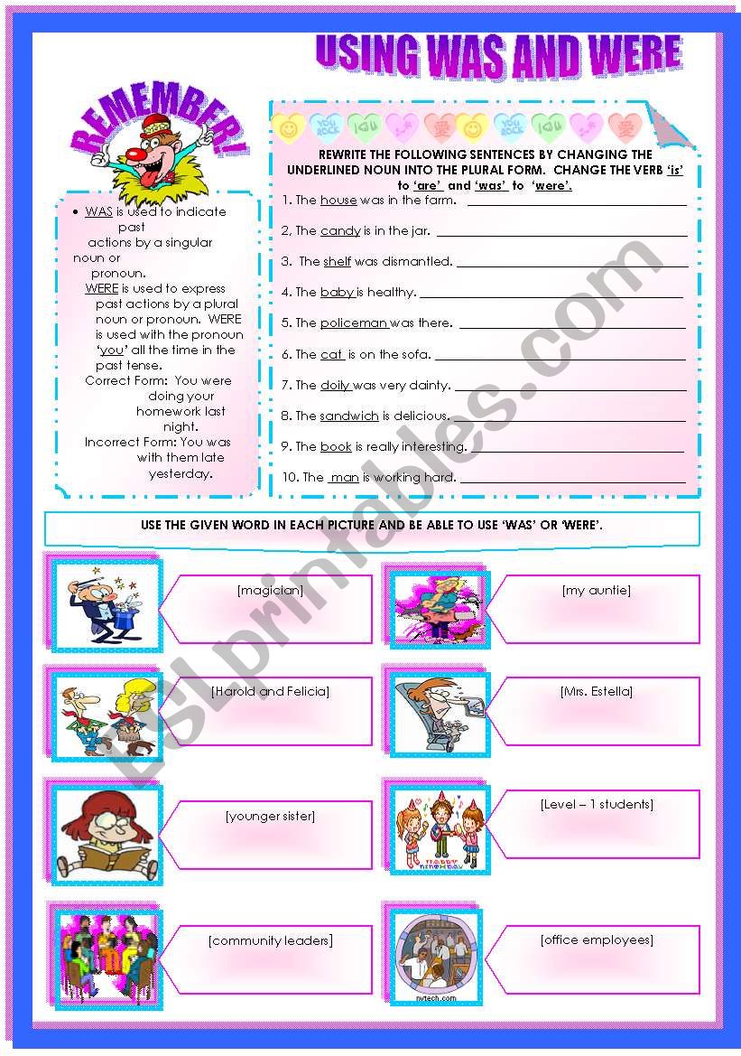 CORRECT USAGE OF WAS AND WERE worksheet