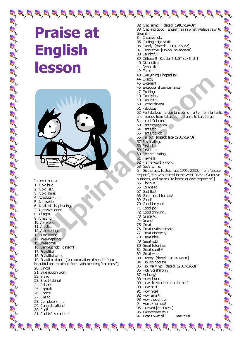 Praise at English lesson worksheet