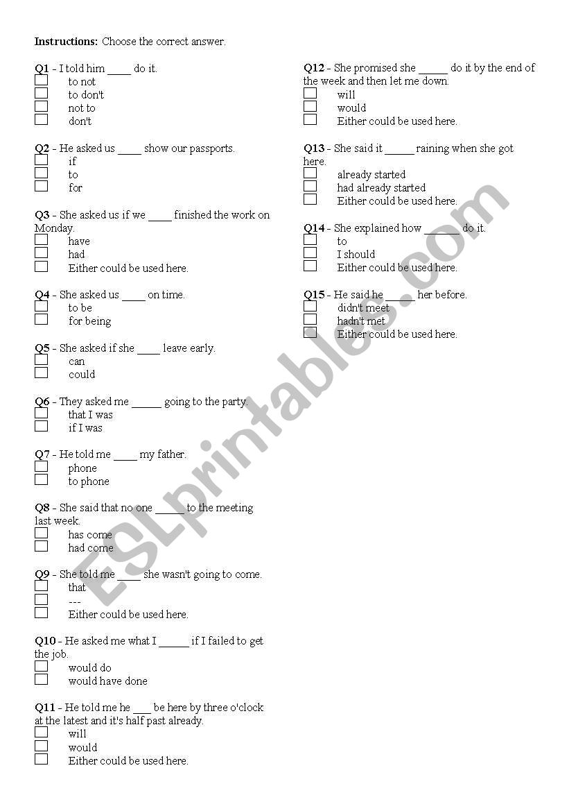 Indirect Speech worksheet