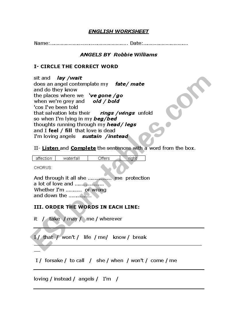 ANGELS, BY ROBBIE WILLIAMS worksheet