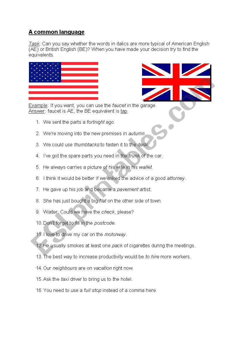 American vs. British English worksheet