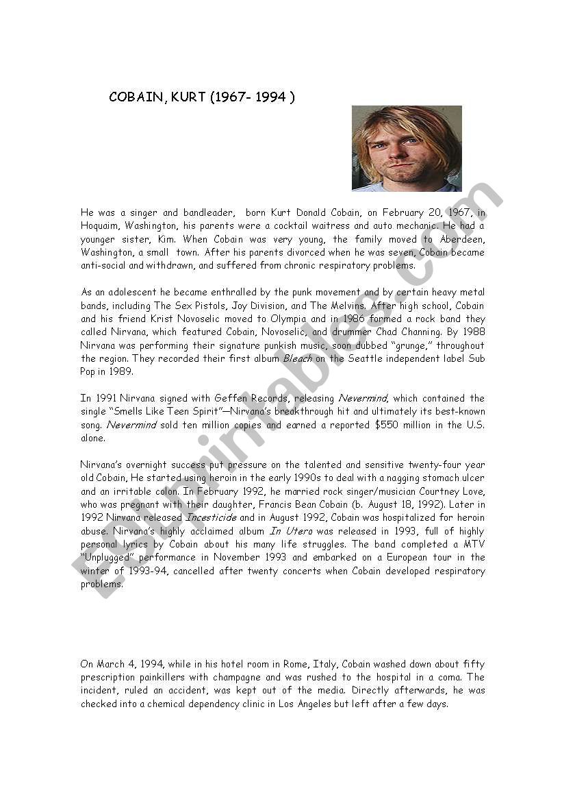 KURT COBAIN, BIOGRAPHY worksheet