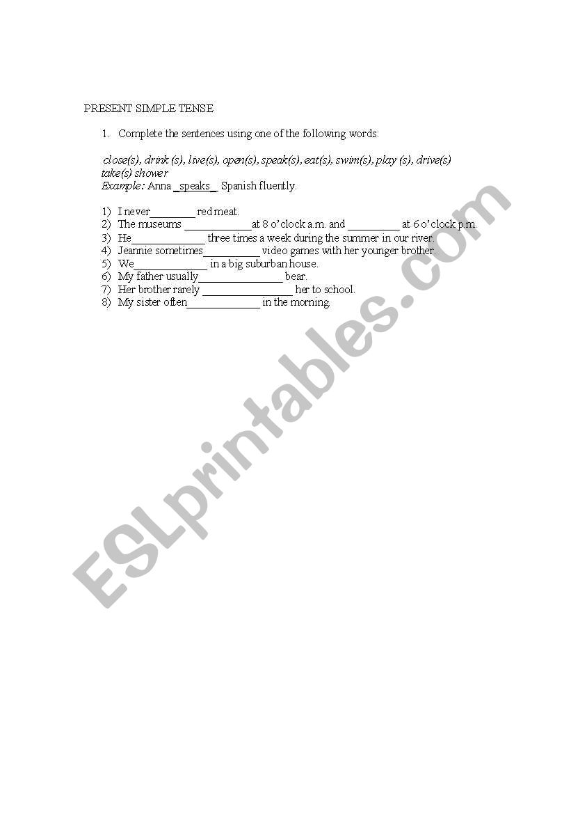 Present simple tense worksheet