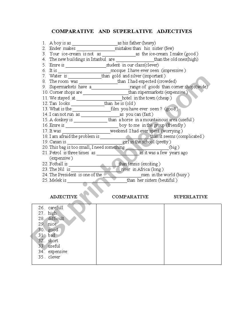 comparative-sperlative worksheet