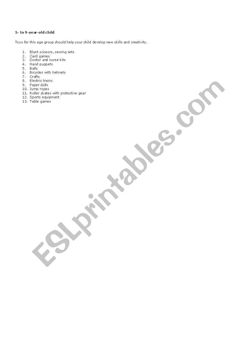 Toys for Age 5-9 worksheet