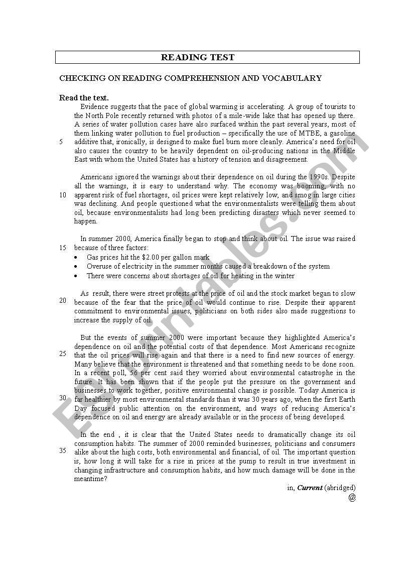 Environmental issues - Reading Test