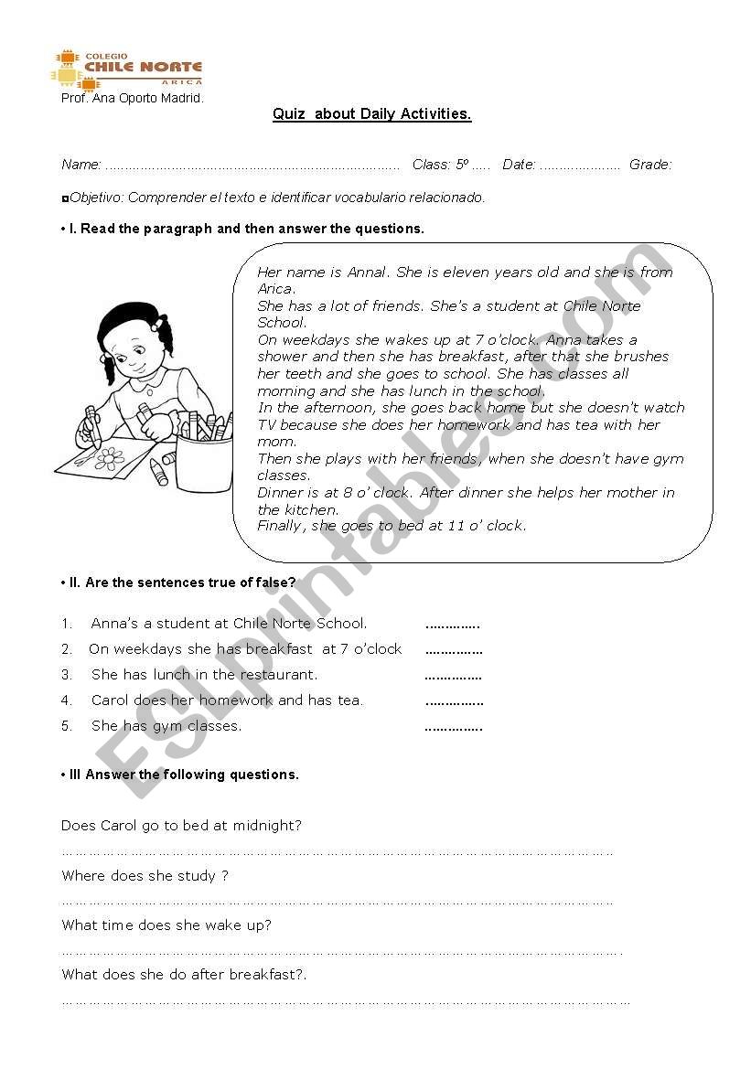 daily activities worksheet