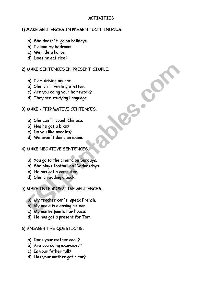 Grammar Activities worksheet