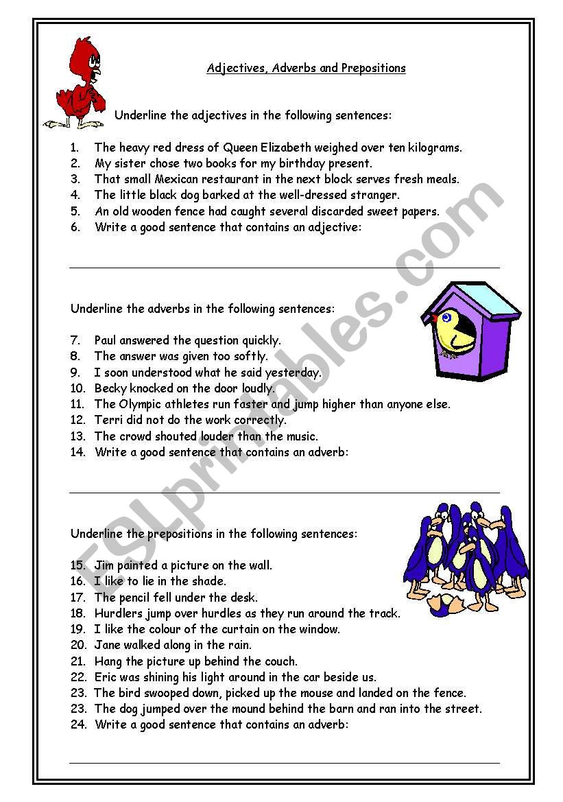 Adjectives, adverbs and prepositions