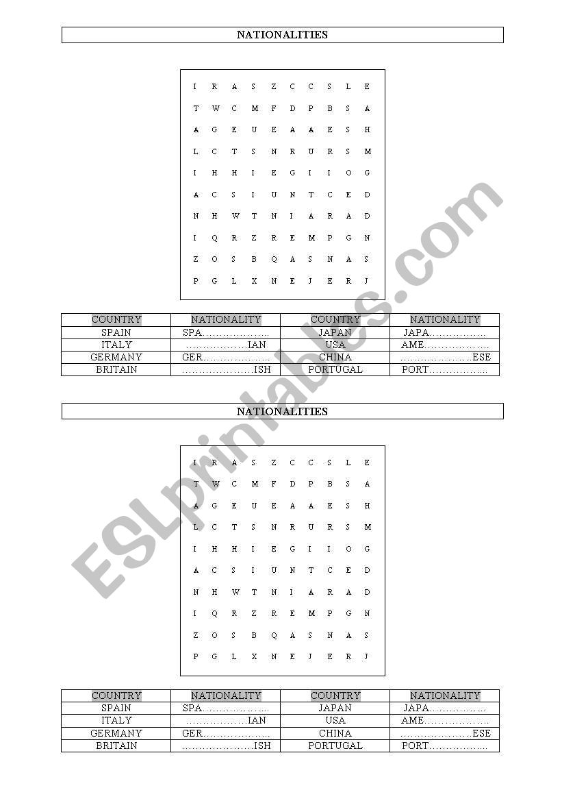 nationalities worksheet