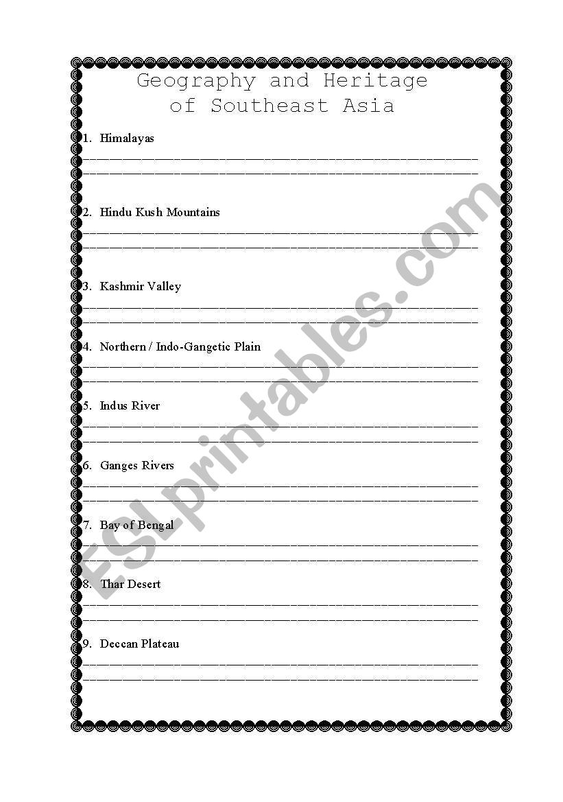 South Asia Geography worksheet
