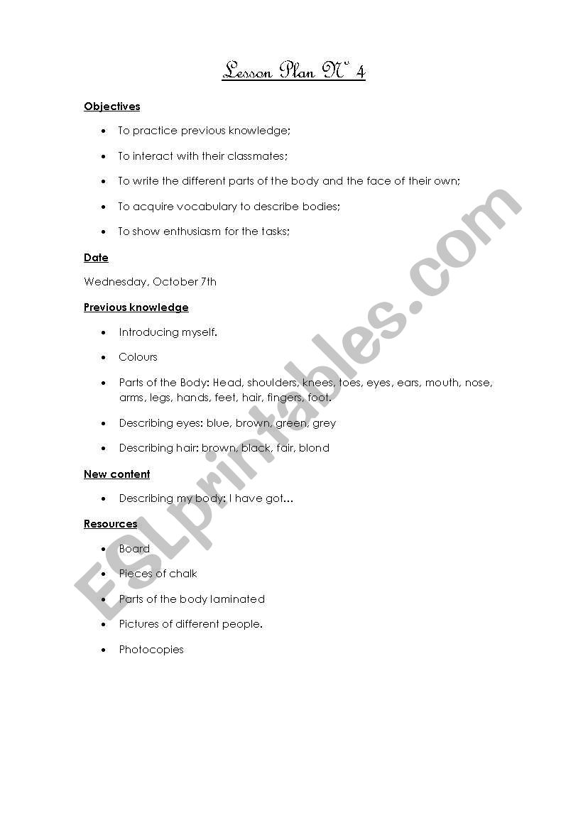 Lesson Plan NÂº4 -  Worksheets included (Parts of the body, I have got, colours) 4/12