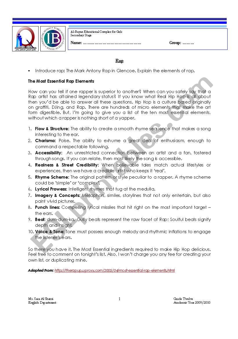 Reading Rap worksheet