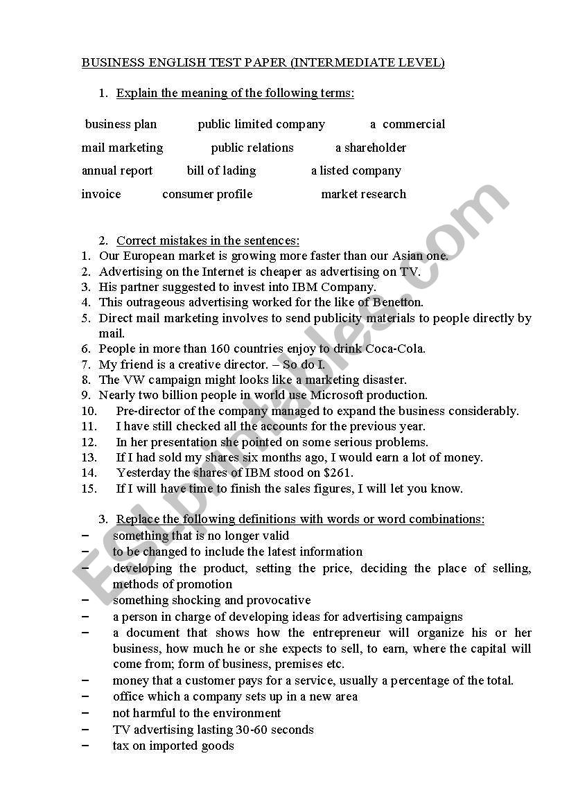 business English test paper worksheet