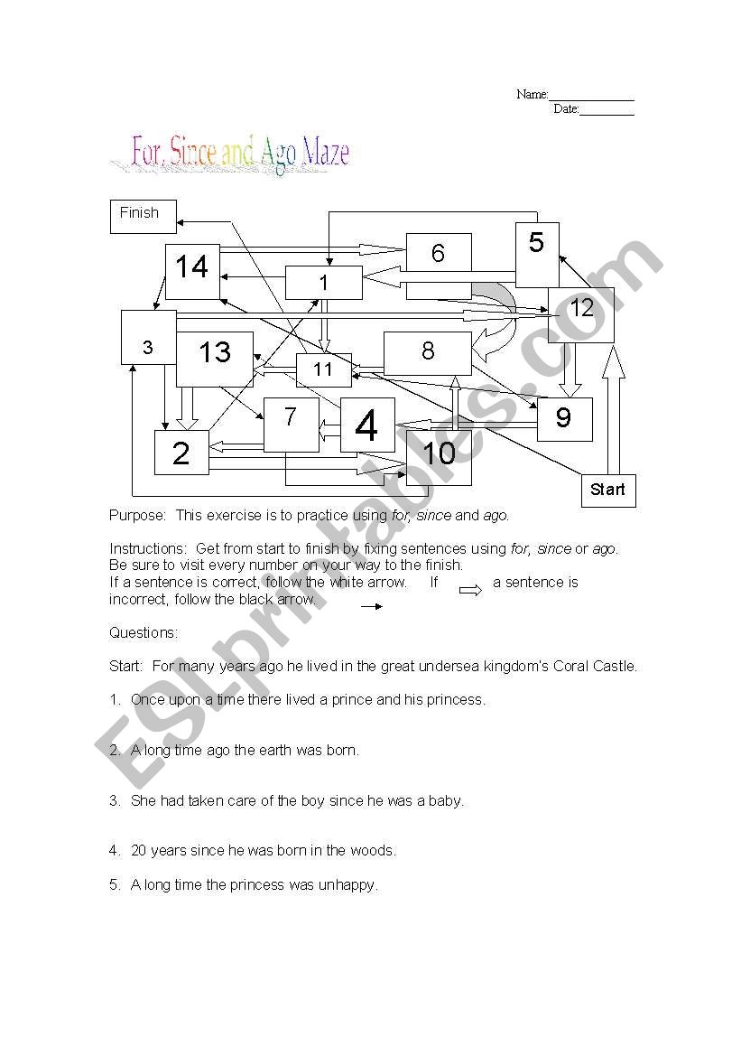 Since, For and Ago Maze worksheet