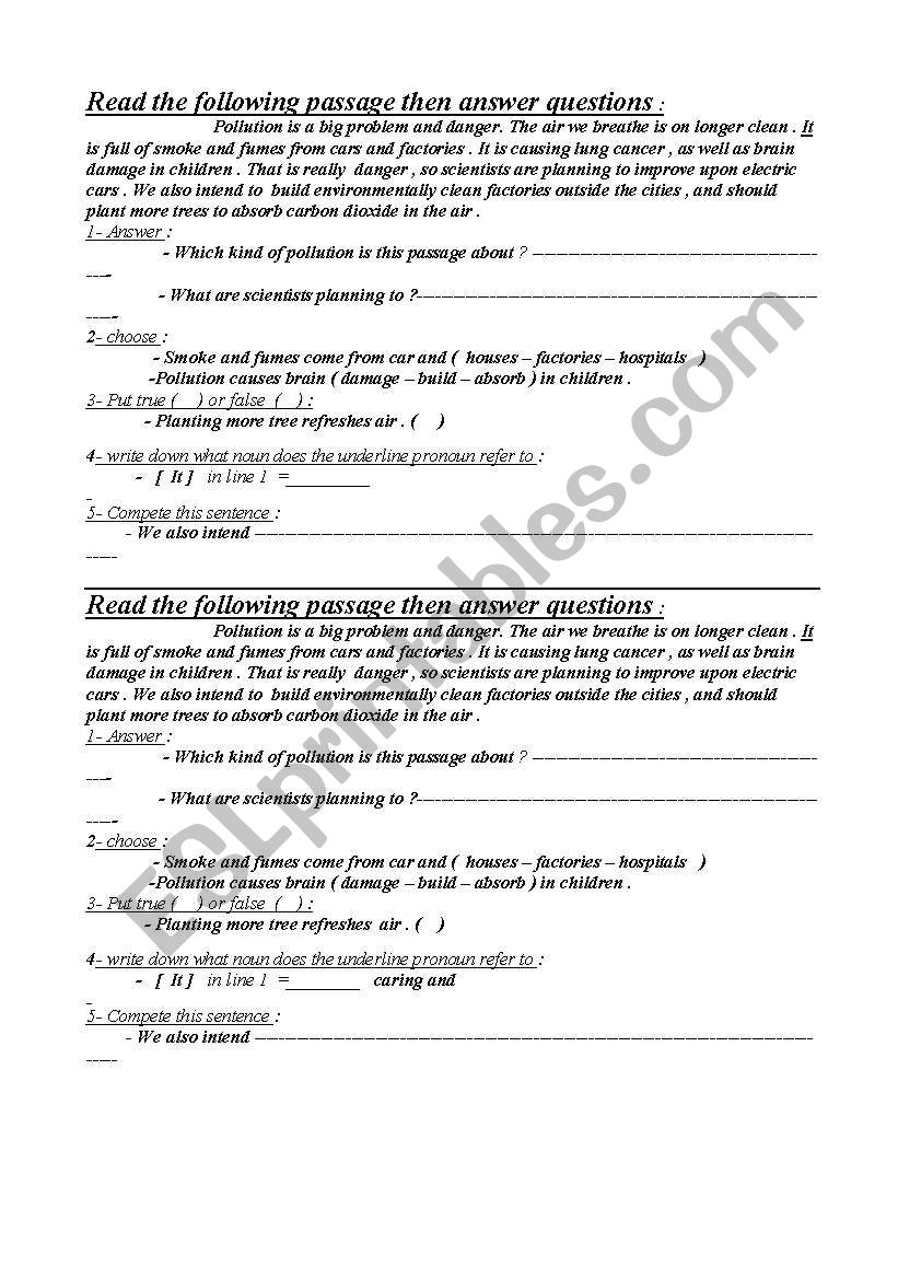 reading comprehension  worksheet