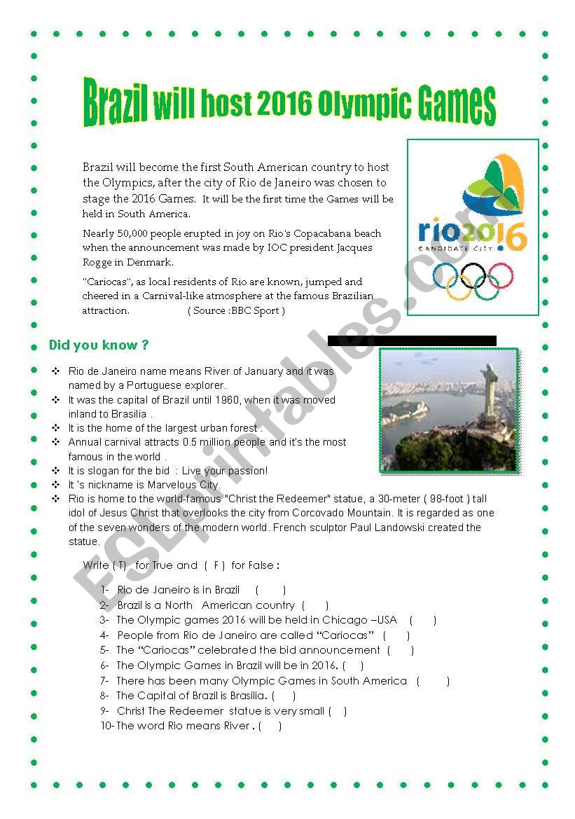 Olympic Games 2016 worksheet