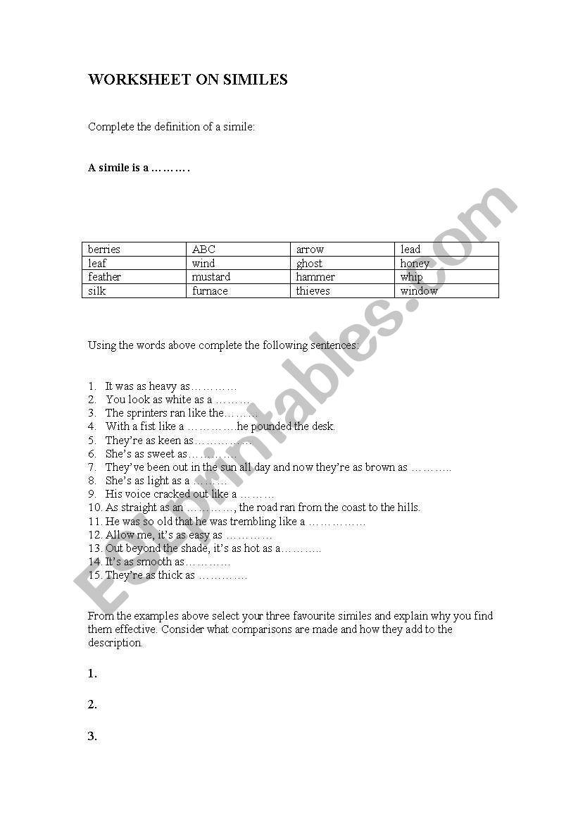 similes worksheet