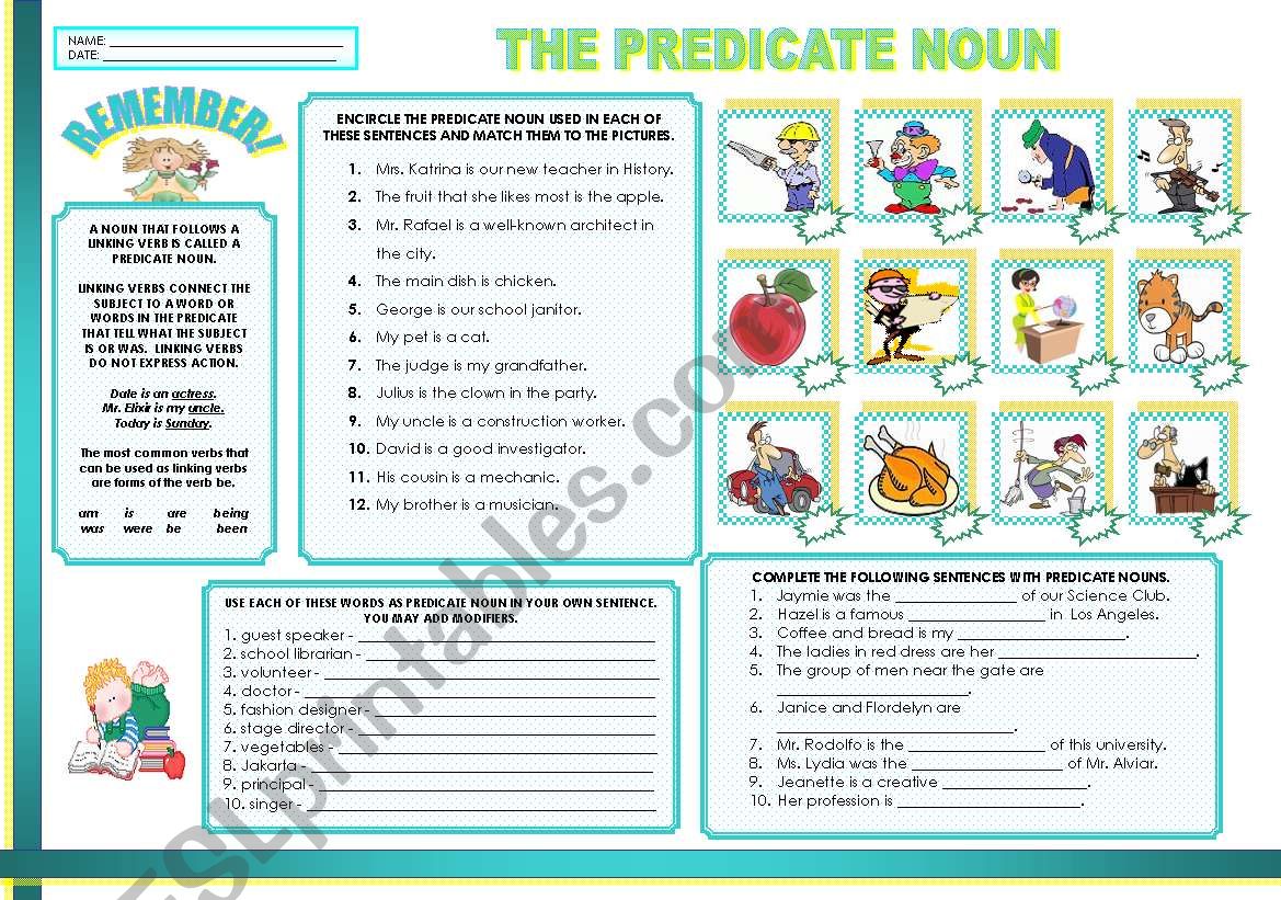 THE PREDICATE NOUN worksheet