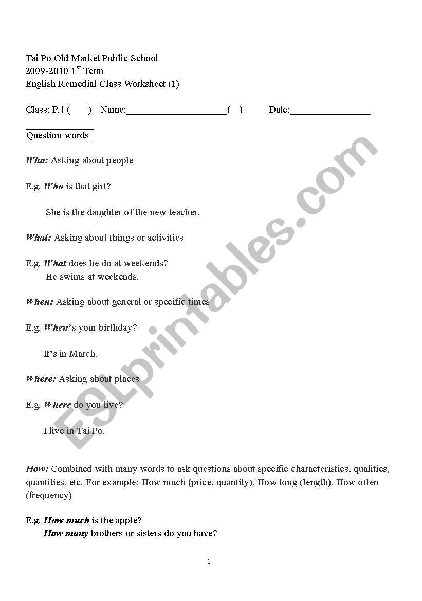 question words worksheet