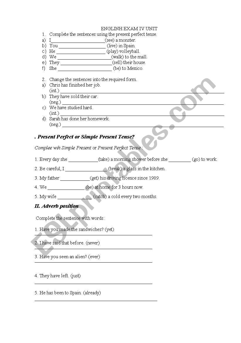 present perfect worksheet