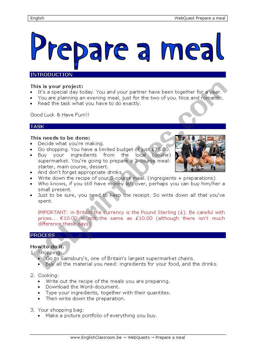 Prepare a meal worksheet