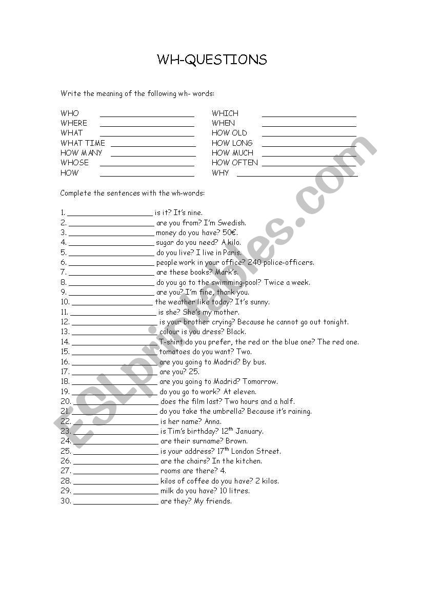 wh- question words worksheet