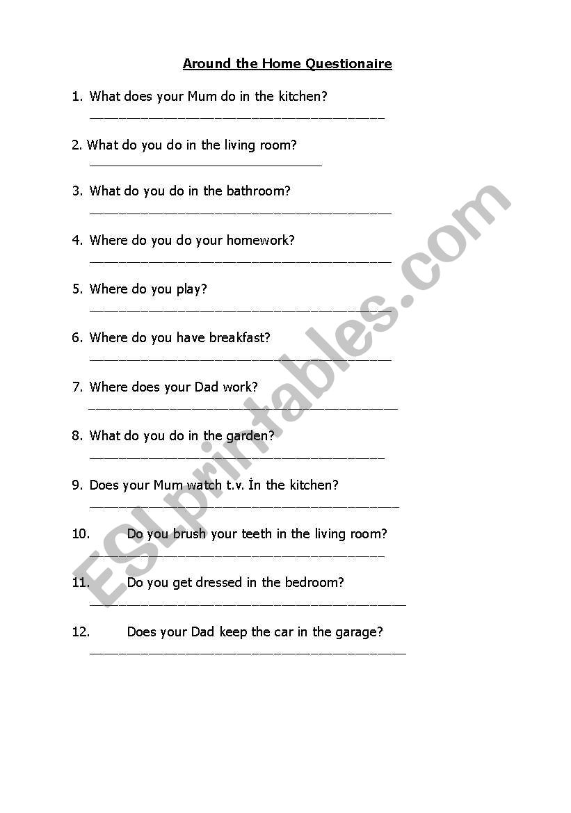 Around The Home Questionaire worksheet