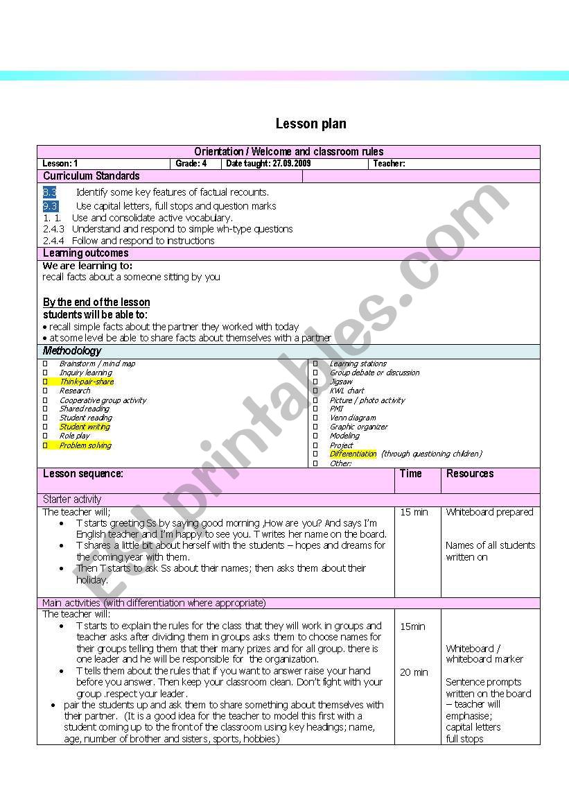 Grade 4 lesson plan- first day