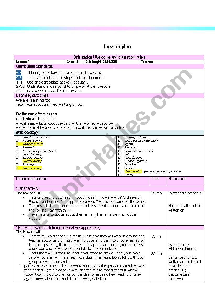 4th Grade Esl Lesson Plans