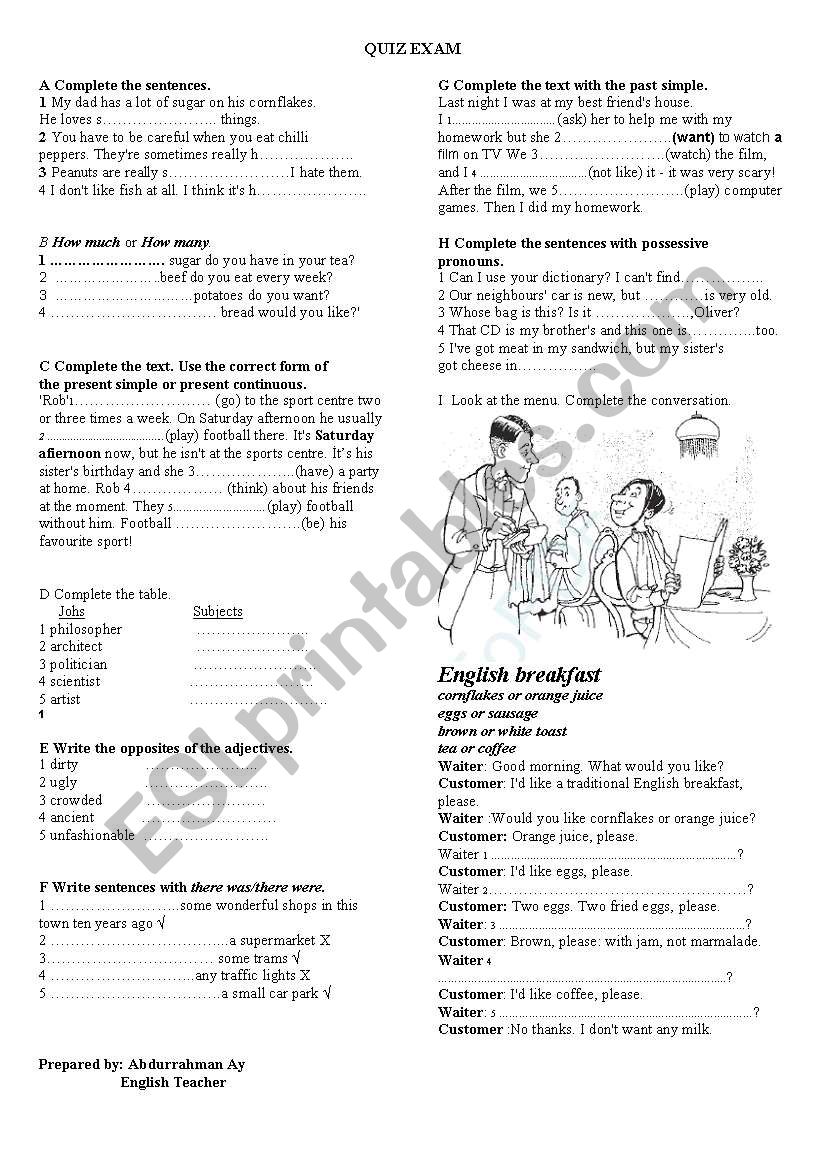 quiz exam worksheet