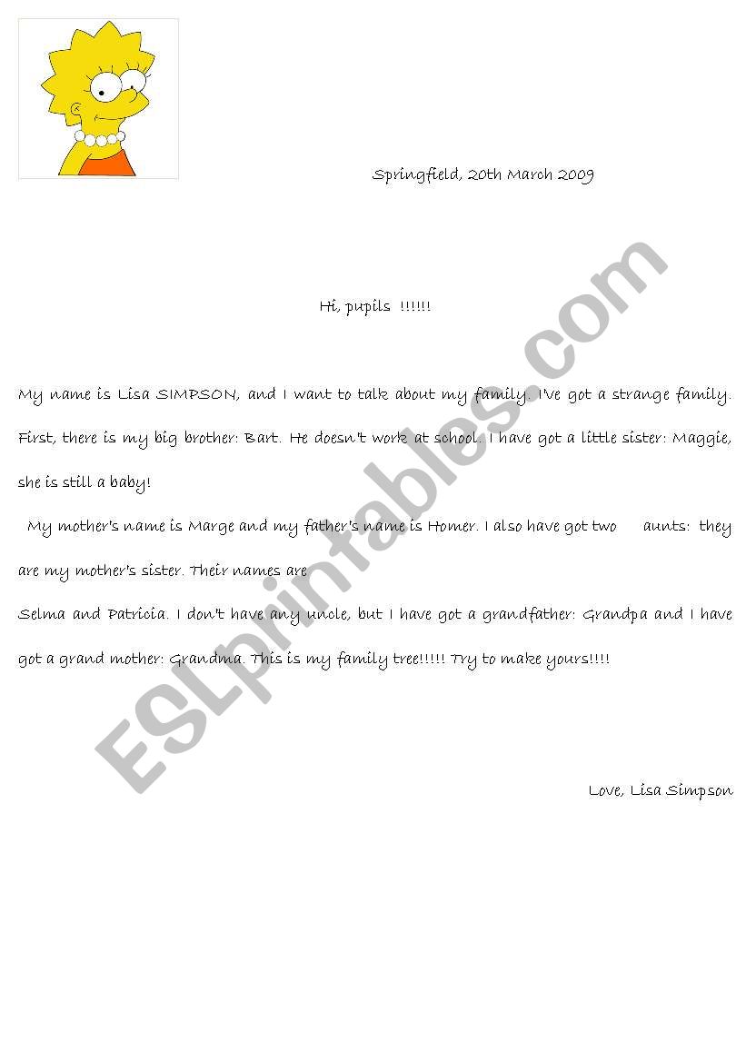 Lisa SIMPSONs letter worksheet