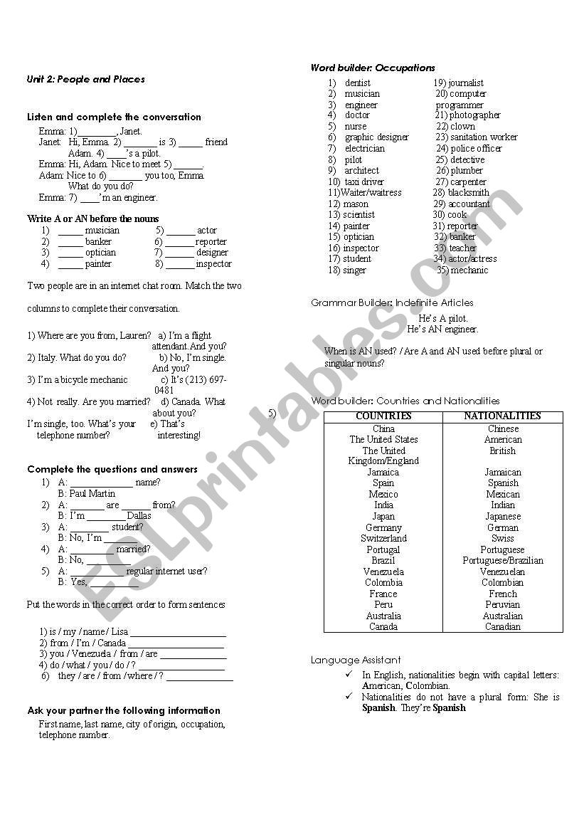 people and places worksheet