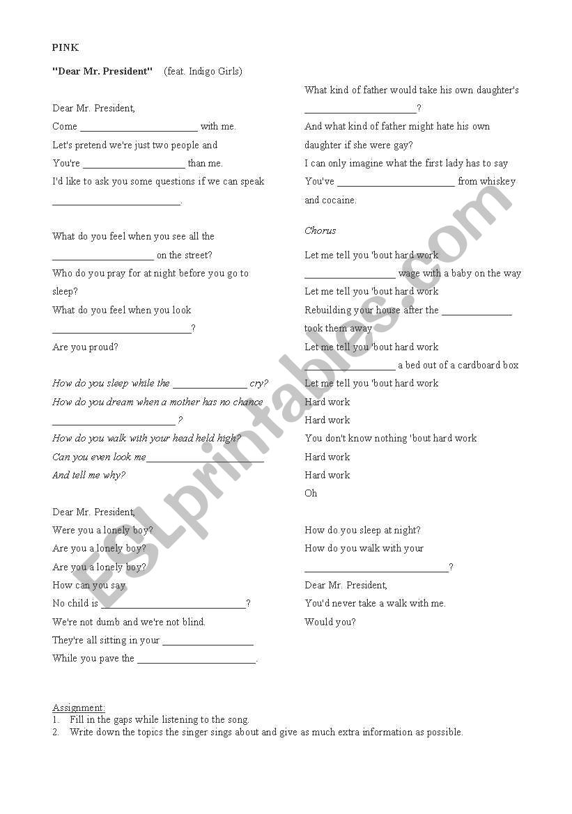 Pink Dear Mr President worksheet