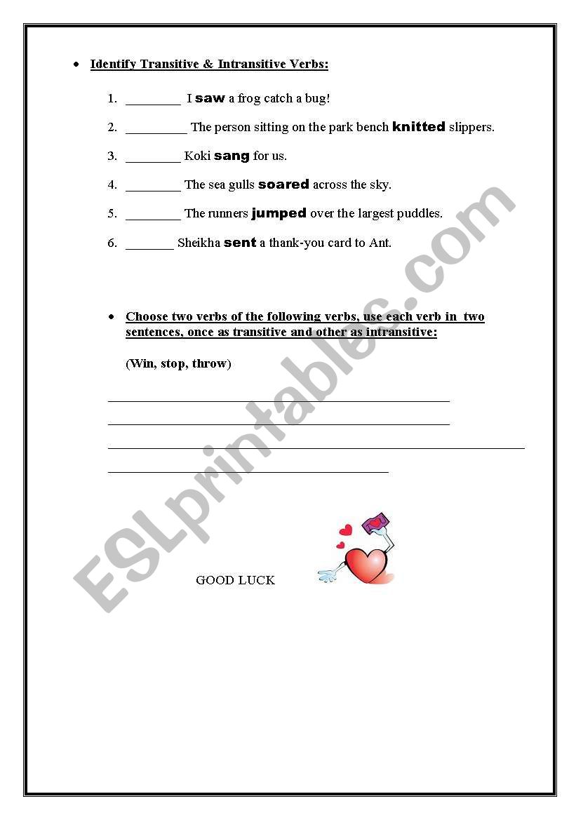 Transitive and Intransitive worksheet