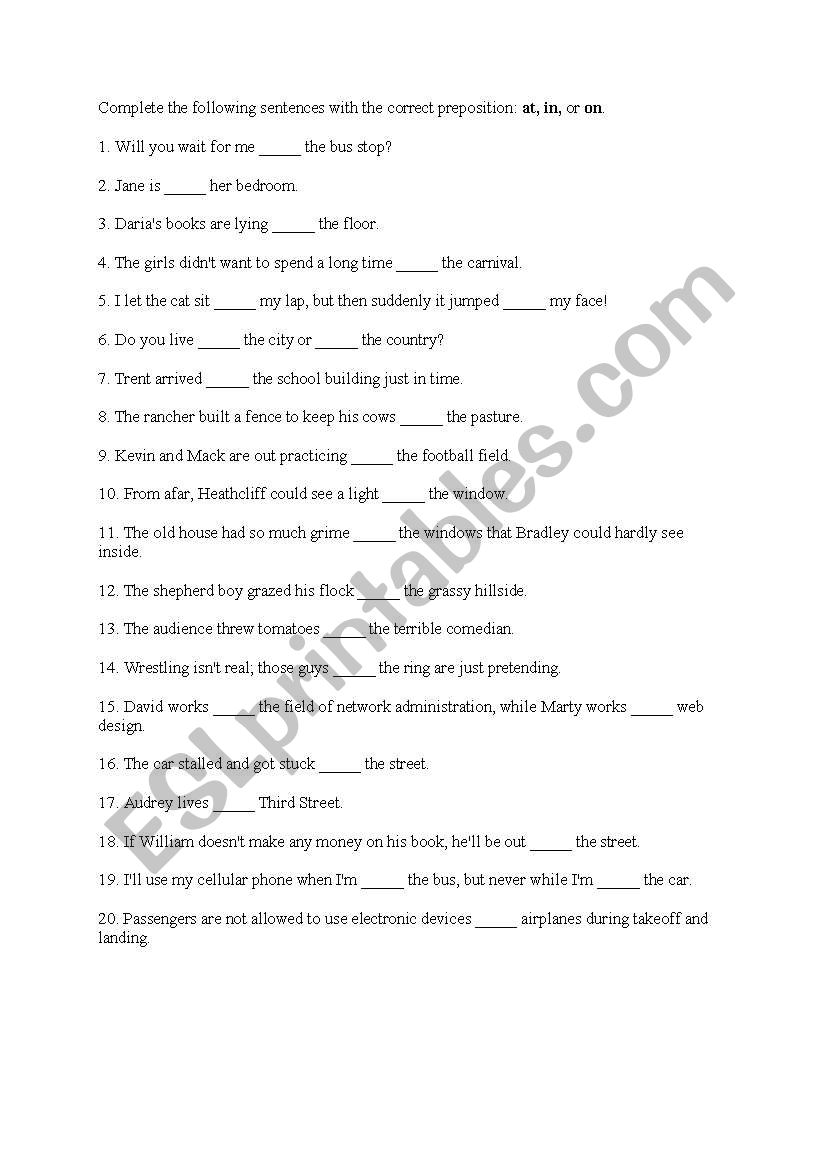  prepositions: at, in, or on. worksheet