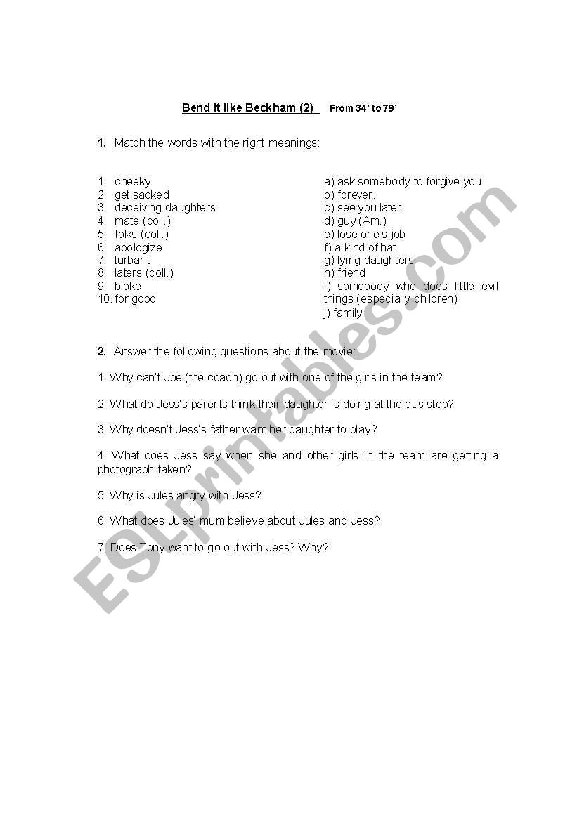 Bend it like Beckham (2) worksheet