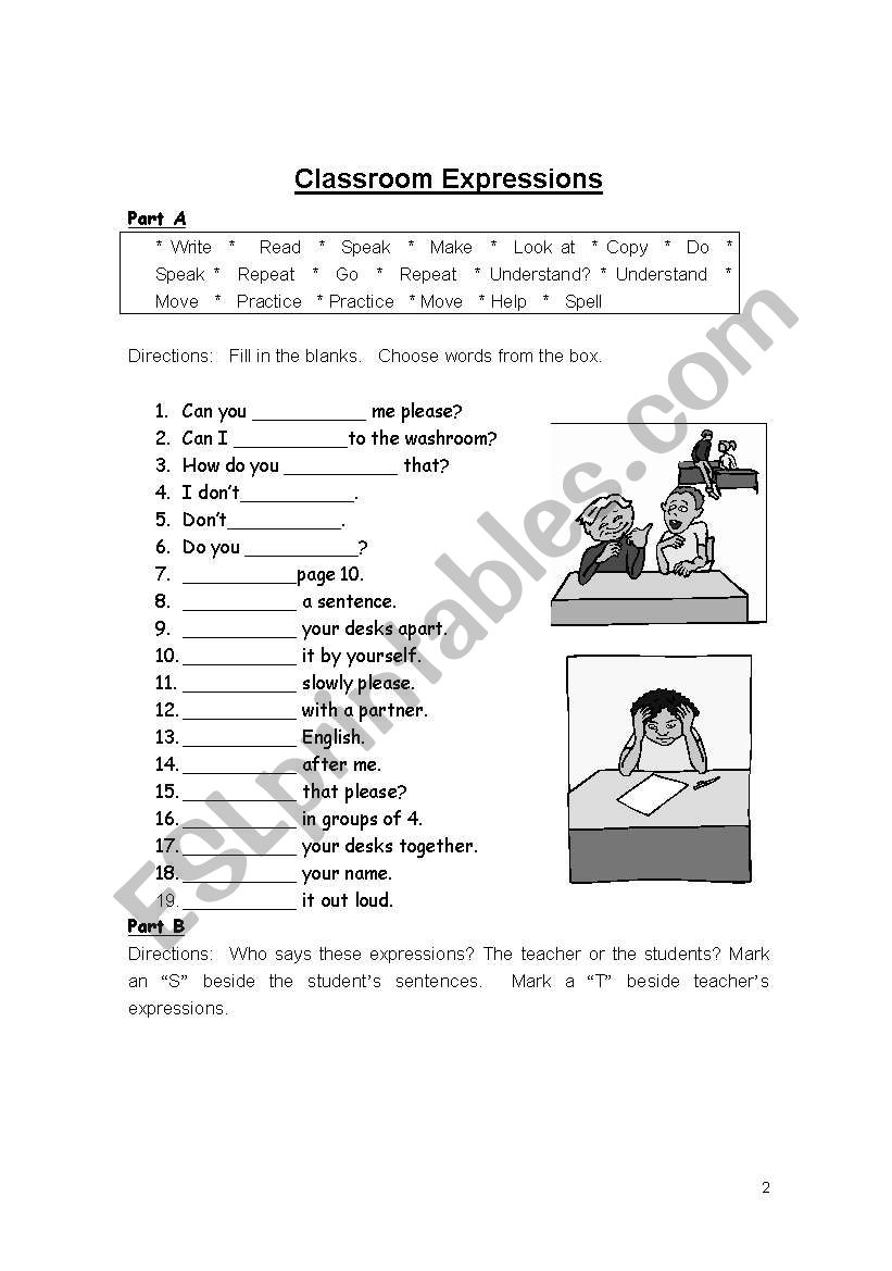 Classroom expressions worksheet