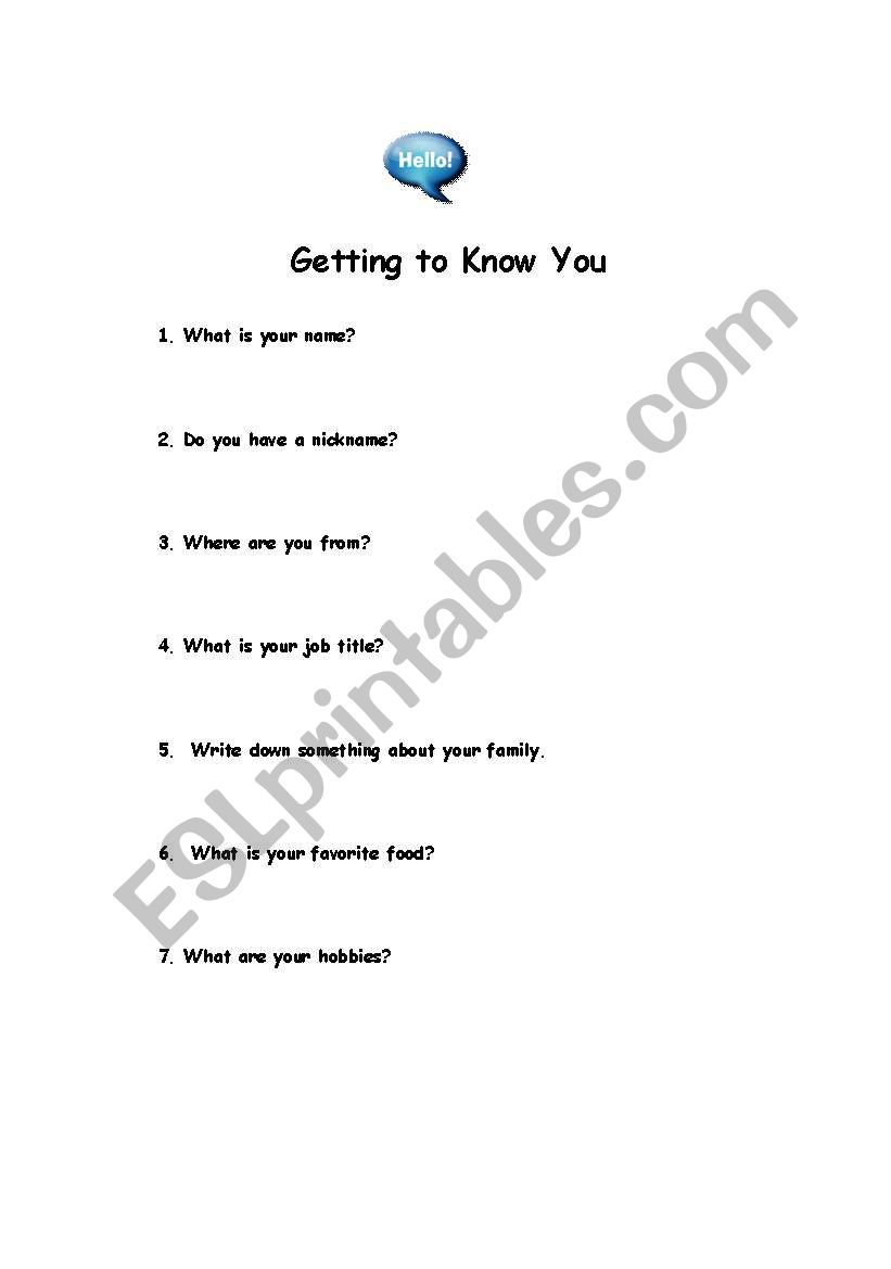 Getting to Know You worksheet