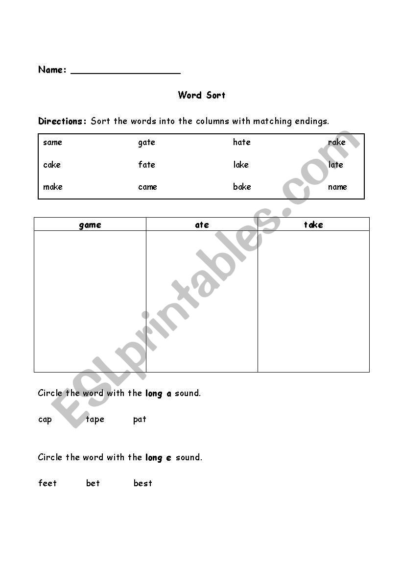 Word Sort worksheet