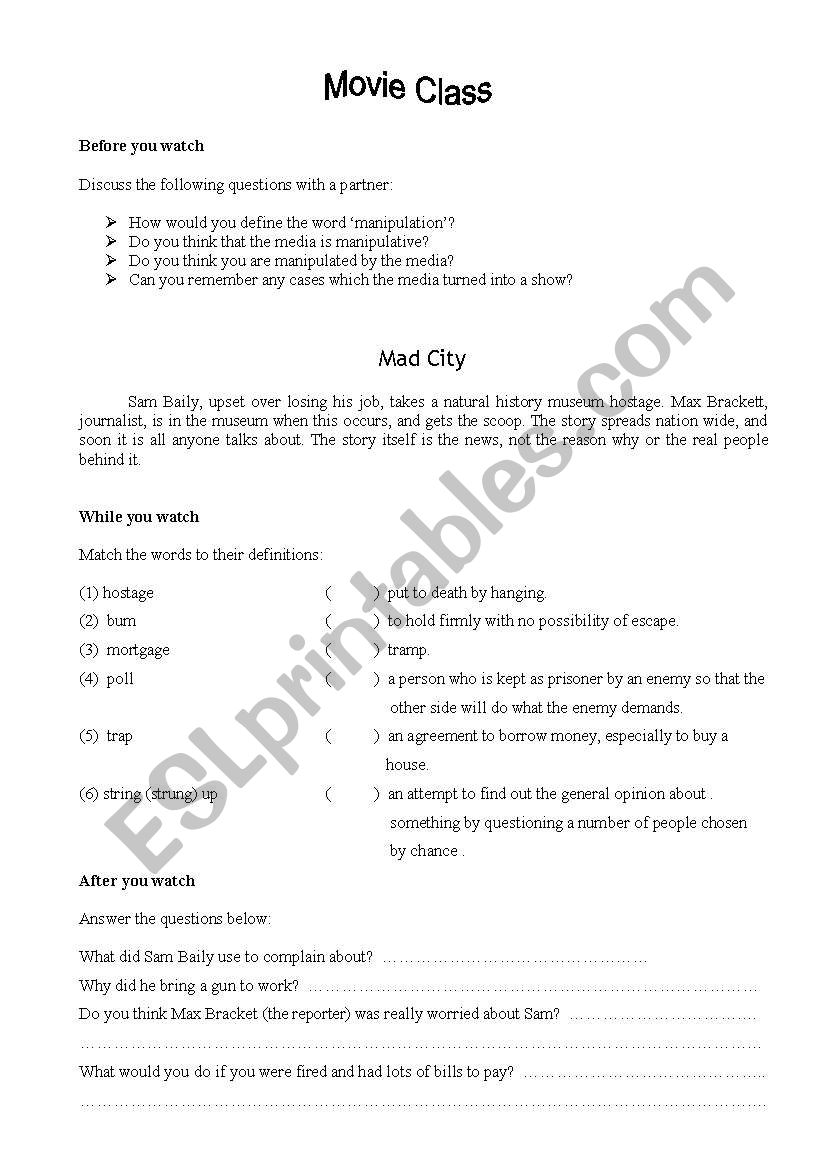 Movie Class - Mad City worksheet