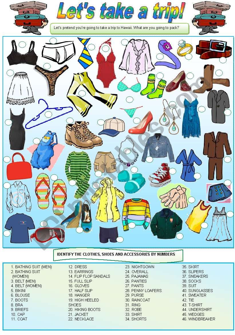 LetÂ´s take a trip! - (clothes, shoes & accessories) - Vocabulary, writing & conversation - 2 pages - fully editable