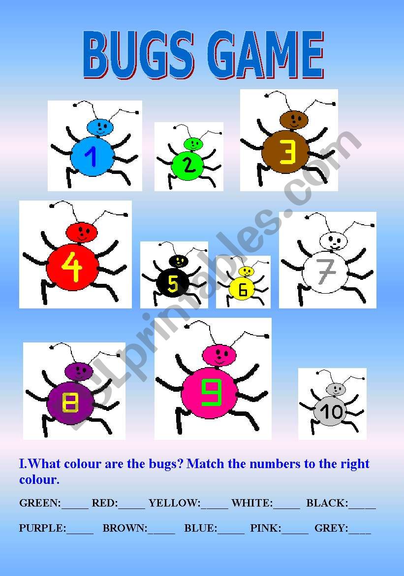 BUGS GAME - colours & numbers 1-10 (sample dialogue for the game on the 2nd page)