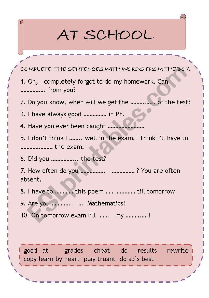 School vocabulary part 1 worksheet