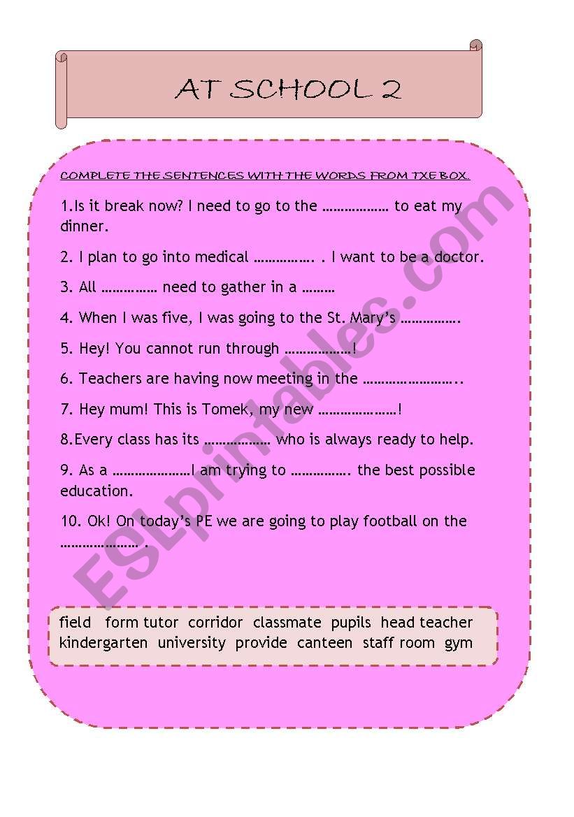 School vocabulary part 2 worksheet
