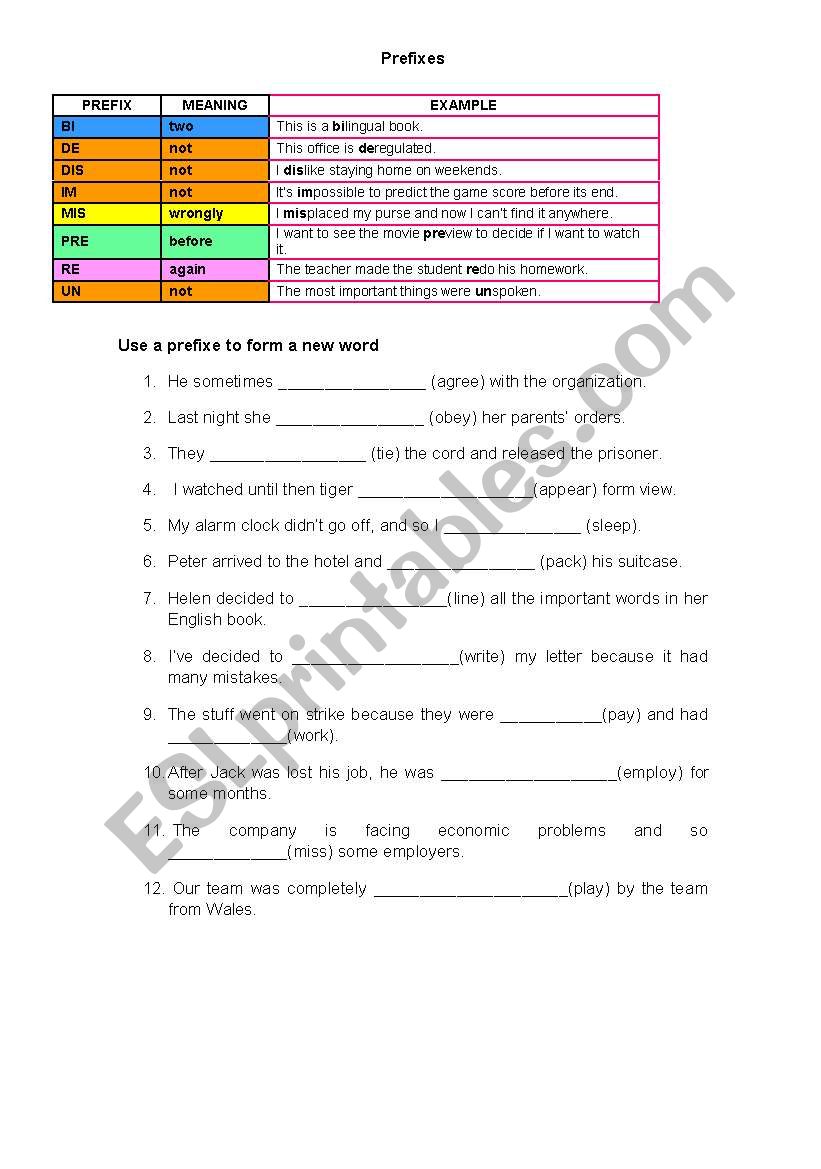 PREFIXES worksheet