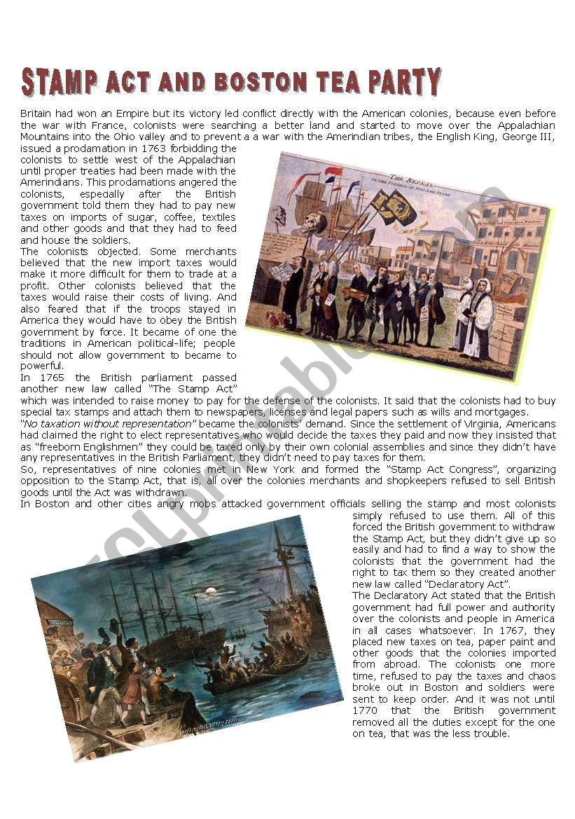 Stamp Act a nd Boston Tea Party - ESL worksheet by BeeBlack Throughout Boston Tea Party Worksheet