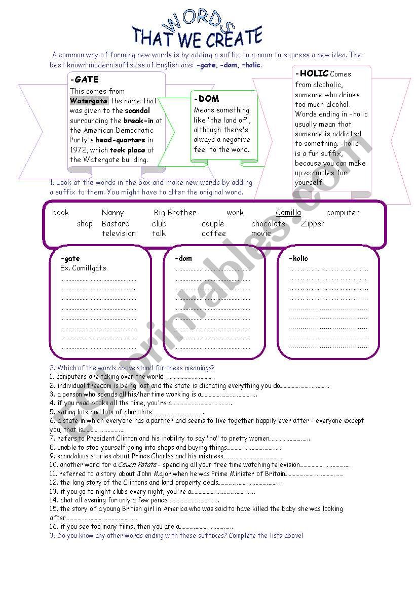 Suffixes -dom,-holic, -gate worksheet